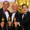 Mark Weingarten, Gregg Landaker and Gary A. Rizzo pose with their Oscars after winning Best Sound Mixing for 'Dunkirk'.
