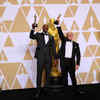 Kobe Bryant and Glen Keane with their Best Animated Short Film Award for 'Dear Basketball' in the Oscars press room.