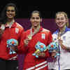 (From left to right) Silver medalist PV Sindhu, Gold medalist Saina Nehwal & bronze medalist Kirsty Gilmour of women's singles badminton