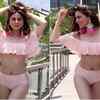 Pastel swimwear with chunky earrings