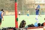 Abhishek Bachchan jumps high during the match