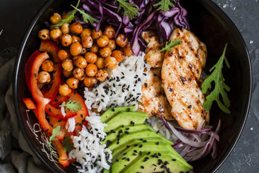 Grilled Chicken and Rice Buddha Bowl with Spicy Chickpeas