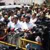 Tamil Nadu chief minister Palaniswami, deputy CM Panneerselvam addressing the media after visiting Karunanidhi at the hospital.
