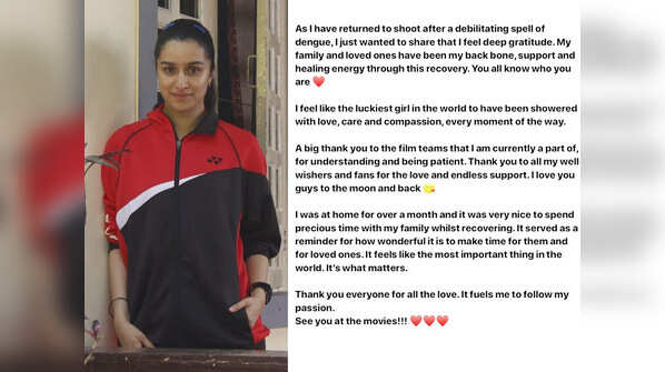 Shraddha Kapoor expresses gratitude as she resumes work post battle with dengue