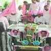 TRS members celebrating outside party office in Hyderabad