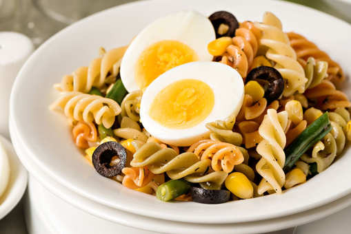 Tricolour Pasta Salad with Eggs, Corn and Olives