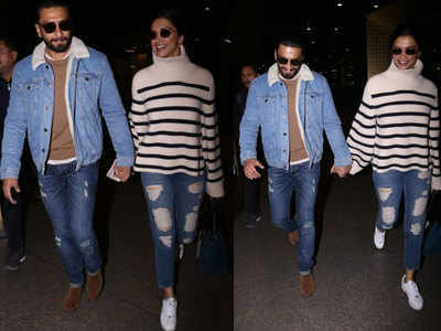 Deepika Padukone and Ranveer Singh twin at the airport in matching denim  jackets, jeans and boots