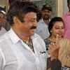 Actor-turned-politician Balakrishna along with his wife Vasundhara outside a polling booth