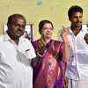 Karnataka CM H D Kumaraswamy with wife Anitha and son Nikhil at a poll booth in Ramanagaram