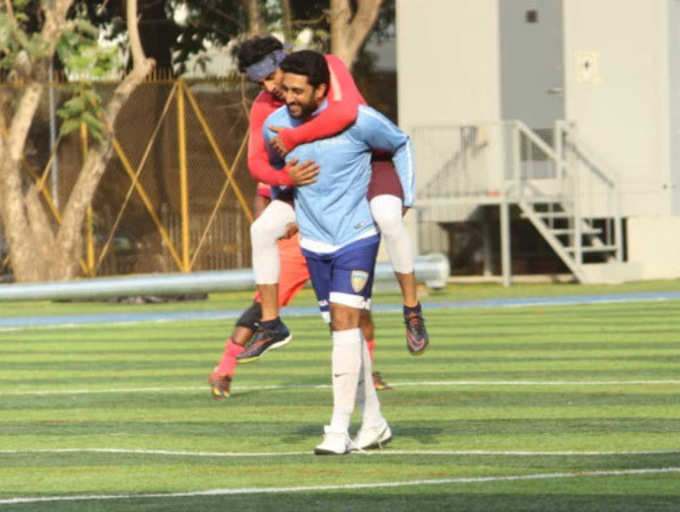 ​Photo: Ranbir Kapoor and Abhishek Bachchan shed some bromance on-field