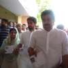 Congress leader Kuldeep Bishnoi, his wife Renuka Bishnoi and Son Bhavya Bishnoi who is Congress nominee from Hisar parliamentary seat on their way to cast vote in Adampur