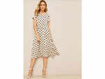 Polka Dot Print Button Front Ring Belted Dress