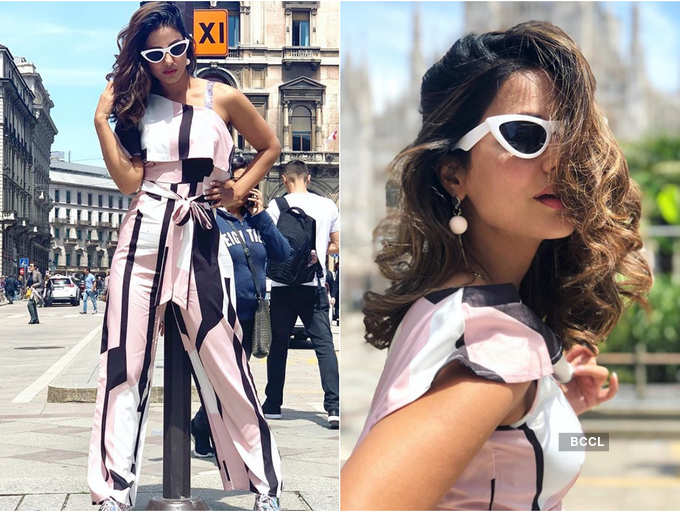 Hina Khan slays the streets of Switzerland in a one-shoulder pink jumpsuit