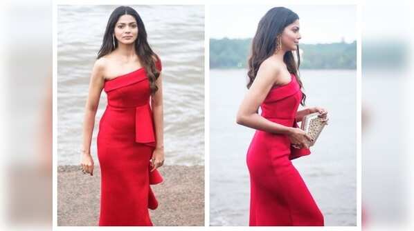 Photos: Pooja Sawant dazzles in a red outfit as she gets snapped for an event