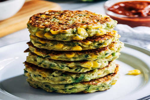 Zucchini and Corn Fritters with Roasted Bell Pepper Sauce