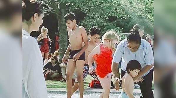 Kareena Kapoor Khan watches over Taimur Ali Khan as he enjoys his playtime in a pool