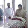 Bharatiya Janata Party leader Hema Malini pays tribute to former external affairs minister Sushma Swaraj, at her residence.
