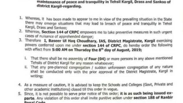 Section 144 imposed in Kargil, Drass, Sankoo; travellers advised to exercise caution