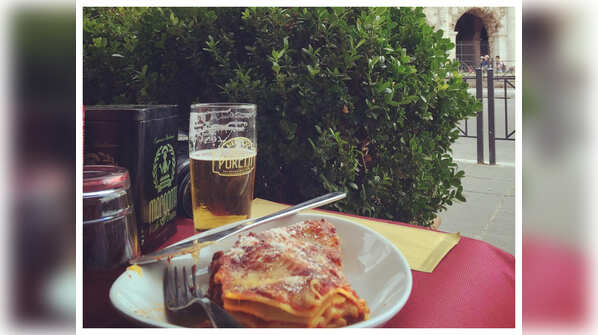 Lasagne and beer lunch