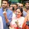 Shiv Sena chief Uddhav Thackeray, wife Rashmi and sons Aditya and Tejas, after casting their vote in Bandra (East). Aditya Thackeray is a candidate from Worli constituency.