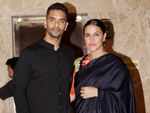 Angad Bedi and Neha Dhupia wore colour coordinated outfits at the Diwali bash