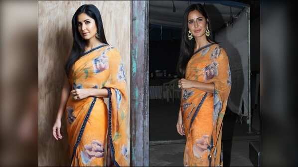Retro! Katrina Kaif slips into a bright mandarin saree with a puff-sleeved blouse