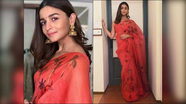 Alia Bhatt picks a breezy red hand painted saree for Durga Puja