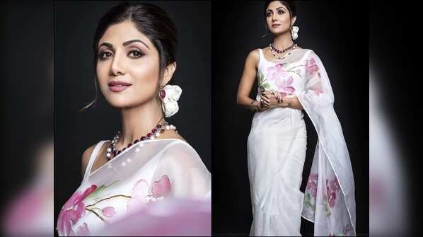 ‘Fitness Queen’ Shilpa Shetty slips into a white hand painted organza saree