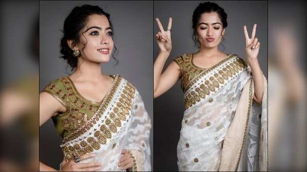 Rashmika slips into a white and gold embroidered saree for an awards event