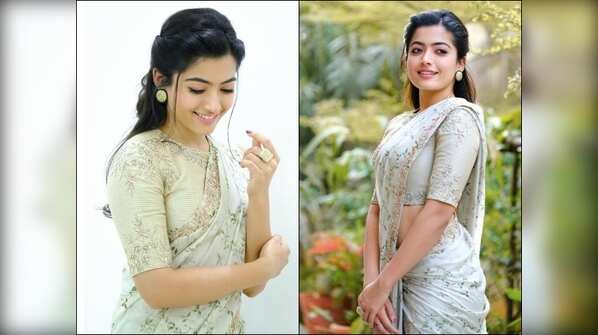 Rashmika slips into an embellished ivory saree