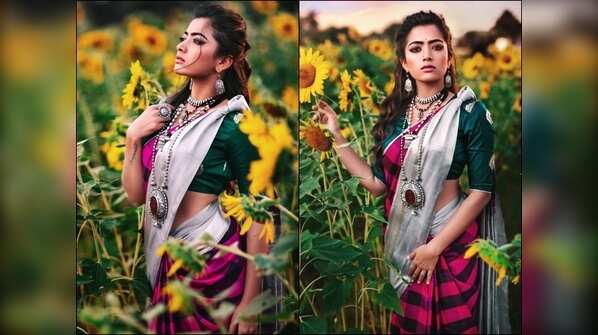 Rashmika looks drop-dead gorgeous in a pink and grey checkered saree