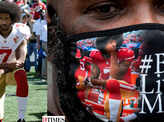 Pictures of African American NFL star Colin Kaepernick, who protested against police brutality four years ago