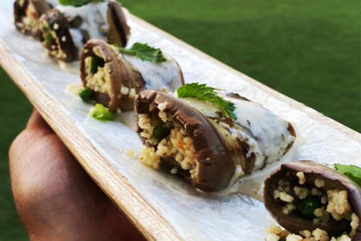 Eggplant Rolls with Couscous and Tahini Dip