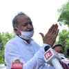 Chief minister Ashok Gehlot addressing media persons outside Governor House in Jaipur