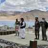 Ladakh: Defence minister Rajnath Singh interacts with troops at Lukung, along with Chief of Defence Staff General Bipin Rawat and Army Chief General MM Naravane