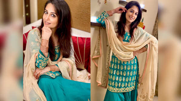 Dipika Kakar dazzles in oxford blue and golden traditional avatar