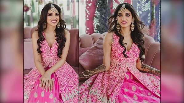 Bride-to-be Miheeka Baja looked stunning in a pink lehenga