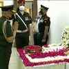 Delhi: Chief of Defence Staff General Bipin Rawat, Army Chief General MM Naravane, Air Force Chief Air Chief Marshal RKS Bhadauria and Navy Chief Admiral Karambir Singh pay last respects to former President Pranab Mukherjee, at his residence.