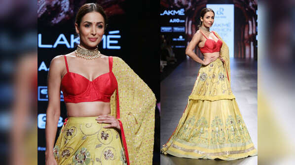 Red blouse + yellow lehenga