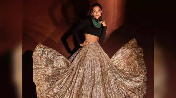 Black turtleneck + Golden lehenga