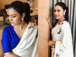 White sari with blue blouse