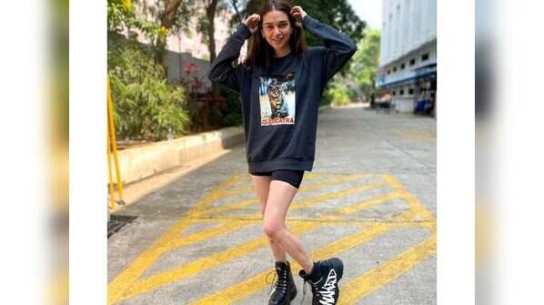 Aditi Rao Hydari - Combat boots with dress T-shirt and shorts