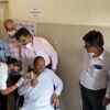 Karnataka Minister KS Eshwarappa takes his first dose of the Covid-19 vaccine at Government Ayurvedic Medical College & Hospital in Shivamogga.