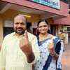 LDF candidate P Rajeev and his wife Vani after casting their votes in Kalamassery