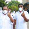 VK Ebrahim Kunju, sitting MLA in Kalamassery, and his son and Kalamassery UDF candidate, VE Abdul Gafoor, after casting their votes at Kongorpilly GHSS.