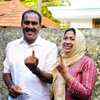Anwar Sadath, UDF's sitting MLA at Aluva, with his wife Sabeena, after casting their votes at the booth at Chengamanad Puthuvassery Community Hall.