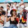 Germany fans pose in the stands before the match. (Reuters Photo)