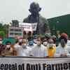 Congress leader Rahul Gandhi staged a protest along with party MPs in front of Gandhi Statue.