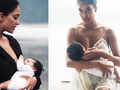 Stunning pictures of Lisa Haydon in an ivory short dress breastfeeding her baby girl Lara