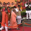 Uttar Pradesh CM and BJP leader Yogi Adityanath arrives at the NDMC Convention Centre for the party's national executive meeting